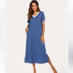 Elegant Blue V-Neck Women's Pajama Dress